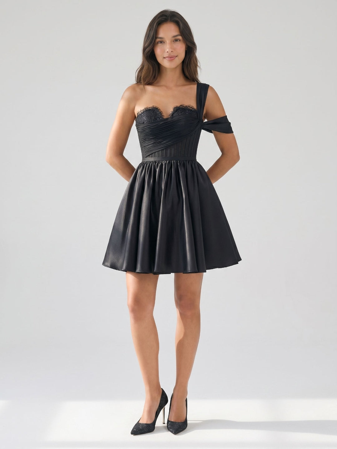 Black Satin A-Line One Shoulder Back Zip Short Homecoming Dress with Pleating - Curvevia