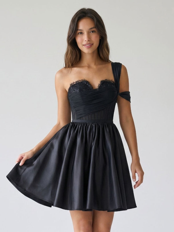 Black Satin A-Line One Shoulder Back Zip Short Homecoming Dress with Pleating - Curvevia