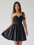 Black Satin A-Line One Shoulder Back Zip Short Homecoming Dress with Pleating - Curvevia