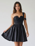 Black Satin A-Line One Shoulder Back Zip Short Homecoming Dress with Pleating - Curvevia