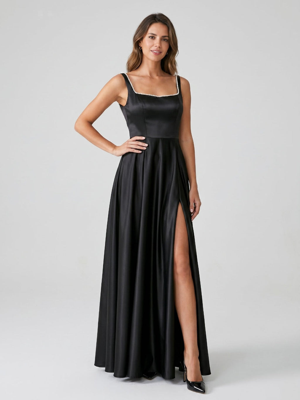 Black Satin A-Line Square Neck Bow Back Floor-Length Dress with Beading - Curvevia