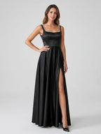Black Satin A-Line Square Neck Bow Back Floor-Length Dress with Beading - Curvevia