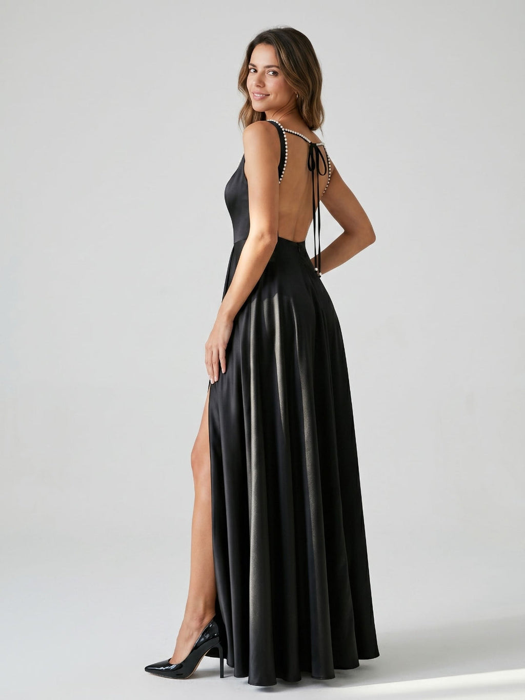 Black Satin A-Line Square Neck Bow Back Floor-Length Dress with Beading - Curvevia