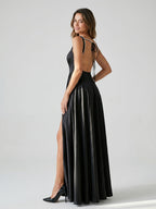 Black Satin A-Line Square Neck Bow Back Floor-Length Dress with Beading - Curvevia