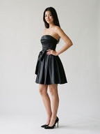 Black Satin A-Line Straight Neck Back Zip Short Dress with Bow - Curvevia