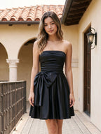 Black Satin A-Line Straight Neck Back Zip Short Dress with Bow - Curvevia