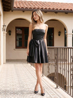 Black Satin A-Line Straight Neck Back Zip Short Dress with Bow - Curvevia