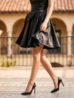 Black Satin A-Line Straight Neck Back Zip Short Dress with Bow - Curvevia