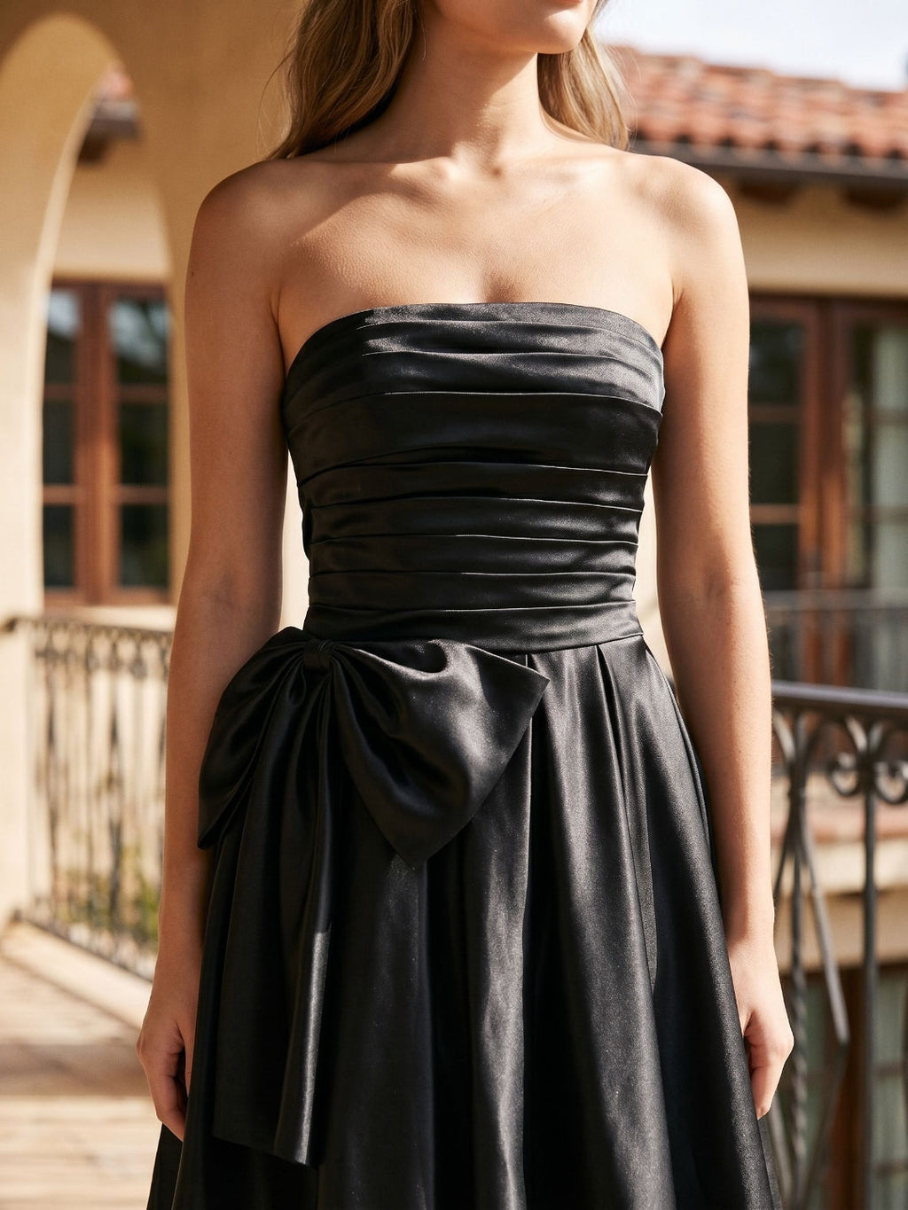Black Satin A-Line Straight Neck Back Zip Short Dress with Bow - Curvevia
