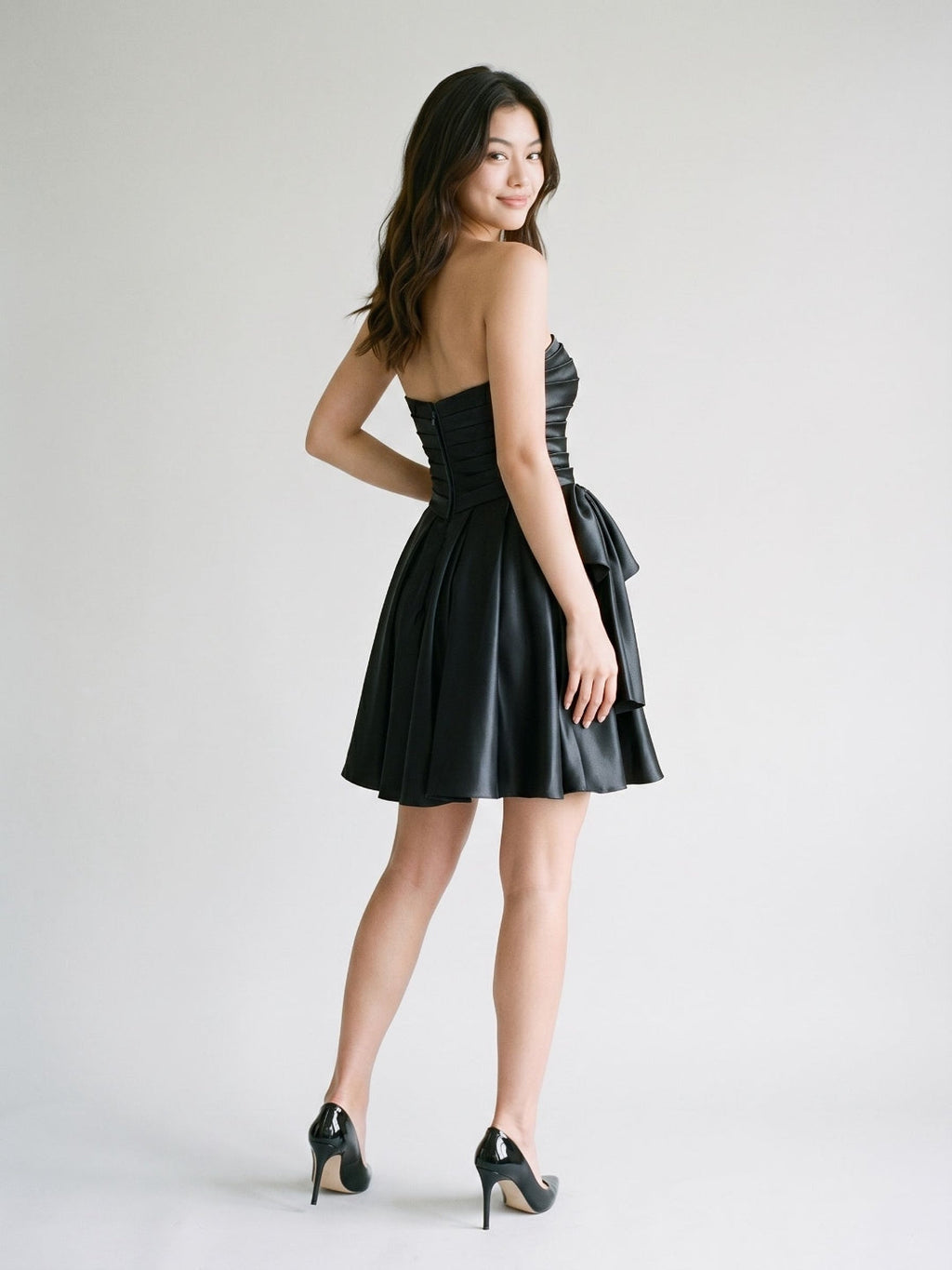 Black Satin A-Line Straight Neck Back Zip Short Dress with Bow - Curvevia