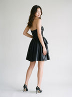 Black Satin A-Line Straight Neck Back Zip Short Dress with Bow - Curvevia