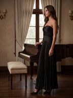Black Satin A-Line Straight Neck Backless Floor-Length Pleated Bridesmaid Dress - Curvevia