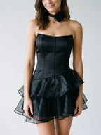 Black Satin A-Line Straight Neck Backless Short Homecoming Dress with Cascading Ruffles - Curvevia