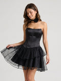 Black Satin A-Line Straight Neck Backless Short Homecoming Dress with Cascading Ruffles - Curvevia