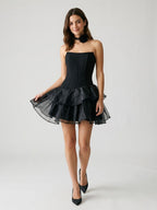 Black Satin A-Line Straight Neck Backless Short Homecoming Dress with Cascading Ruffles - Curvevia