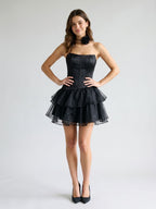 Black Satin A-Line Straight Neck Backless Short Homecoming Dress with Cascading Ruffles - Curvevia