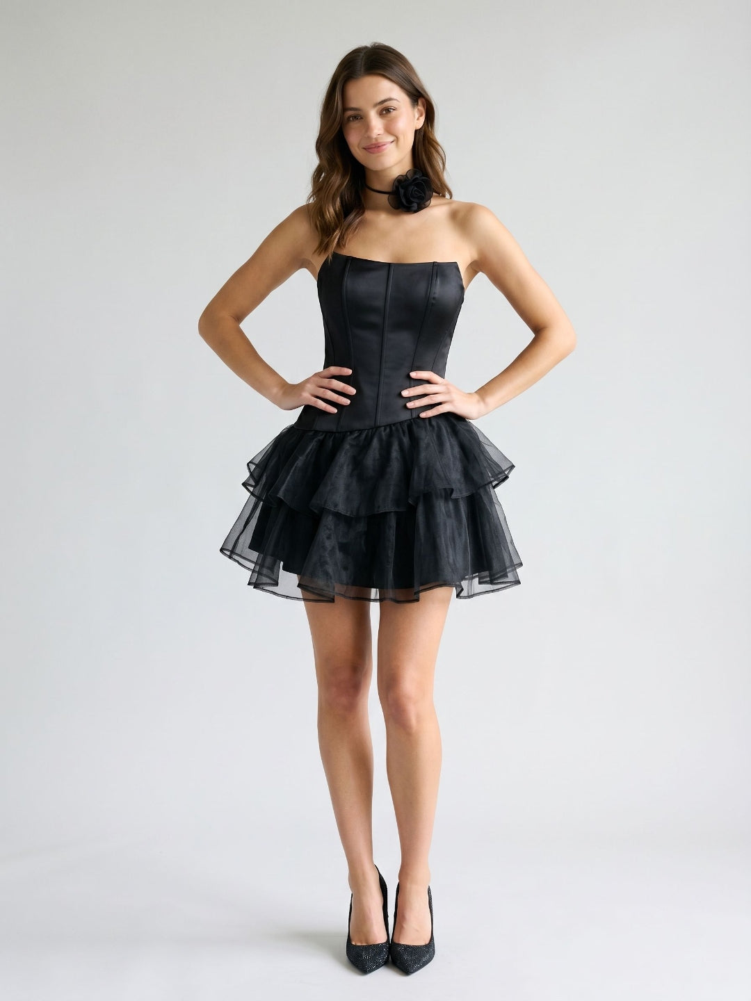 Black Satin A-Line Straight Neck Backless Short Homecoming Dress with Cascading Ruffles - Curvevia