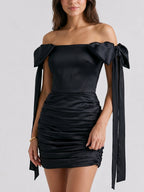 Black Satin Column Off-the-Shoulder Back Zip Short Homecoming Dress with Pleating - Curvevia