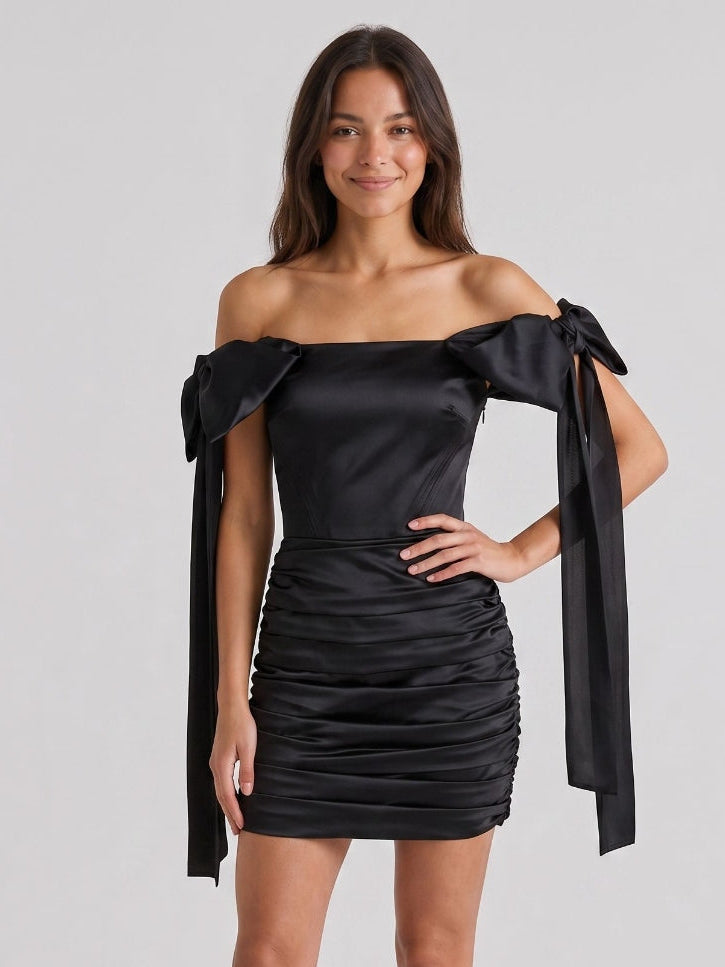 Black Satin Column Off-the-Shoulder Back Zip Short Homecoming Dress with Pleating - Curvevia