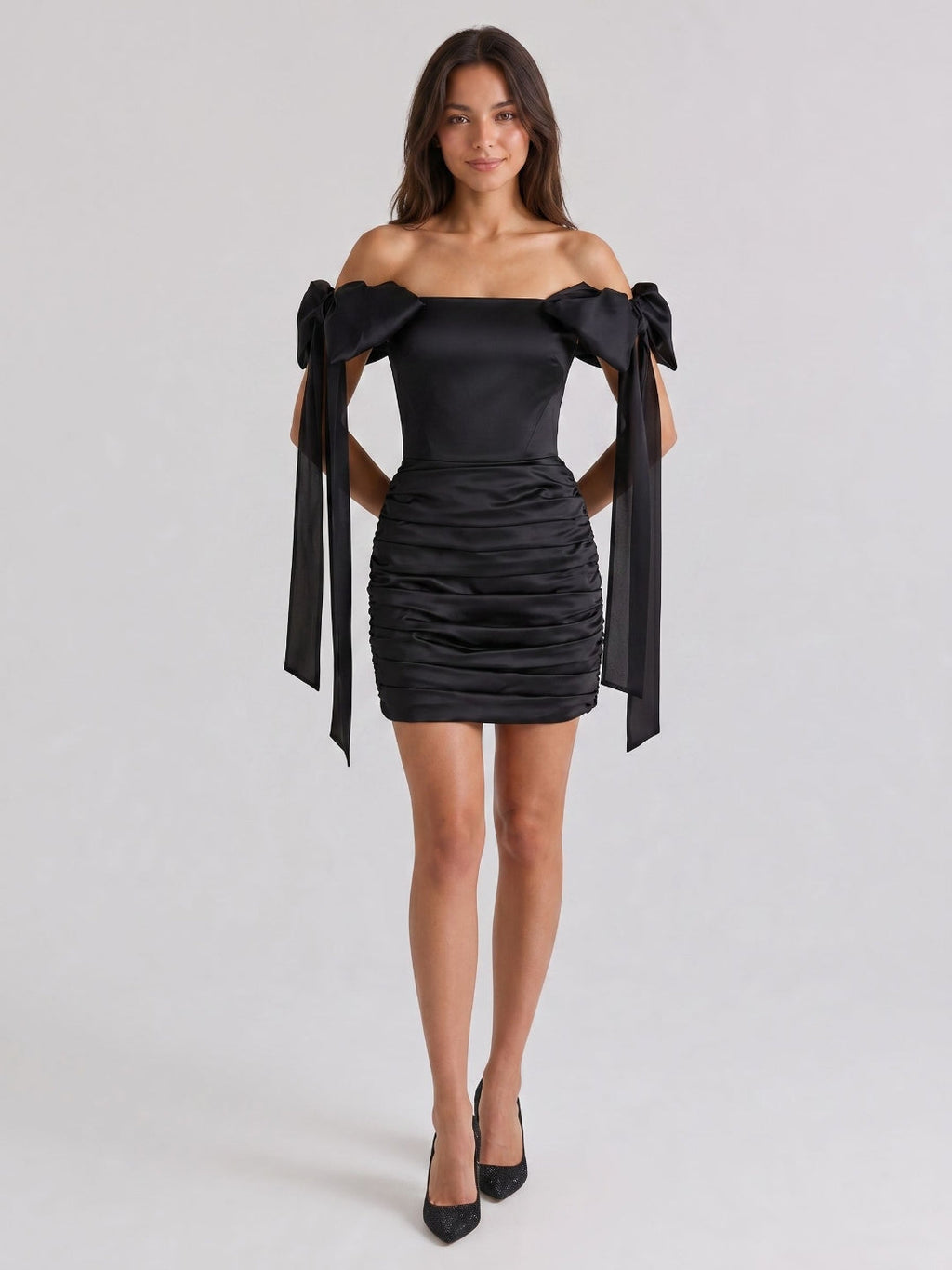 Black Satin Column Off-the-Shoulder Back Zip Short Homecoming Dress with Pleating - Curvevia