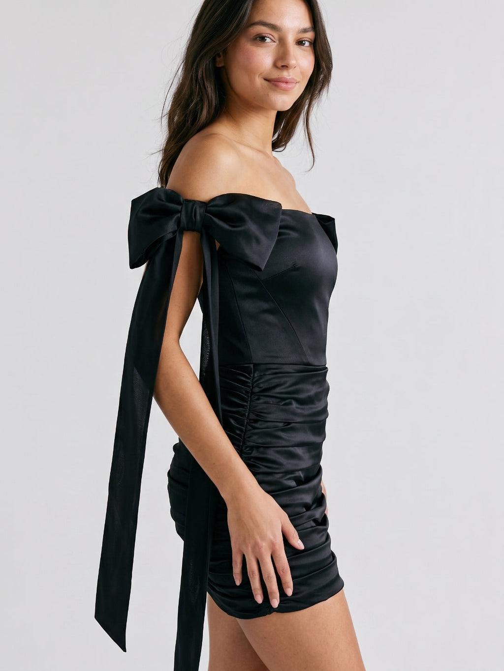 Black Satin Column Off-the-Shoulder Back Zip Short Homecoming Dress with Pleating - Curvevia