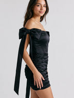 Black Satin Column Off-the-Shoulder Back Zip Short Homecoming Dress with Pleating - Curvevia