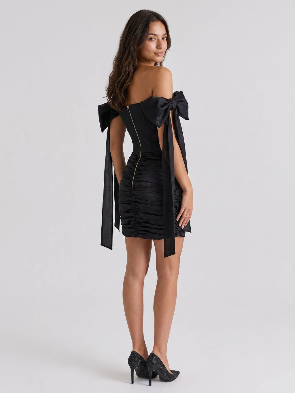 Black Satin Column Off-the-Shoulder Back Zip Short Homecoming Dress with Pleating - Curvevia