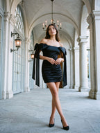 Black Satin Column Off-the-Shoulder Back Zip Short Homecoming Dress with Pleating - Curvevia