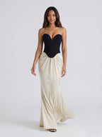 Black Satin Column V-Neck Corset Back Floor-Length Birthday Dress - Curvevia