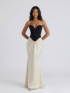 Black Satin Column V-Neck Corset Back Floor-Length Birthday Dress - Curvevia