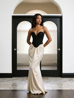 Black Satin Column V-Neck Corset Back Floor-Length Birthday Dress - Curvevia