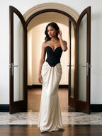 Black Satin Column V-Neck Corset Back Floor-Length Birthday Dress - Curvevia