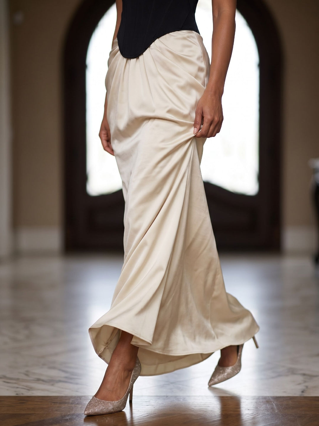 Black Satin Column V-Neck Corset Back Floor-Length Birthday Dress - Curvevia
