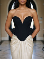 Black Satin Column V-Neck Corset Back Floor-Length Birthday Dress - Curvevia