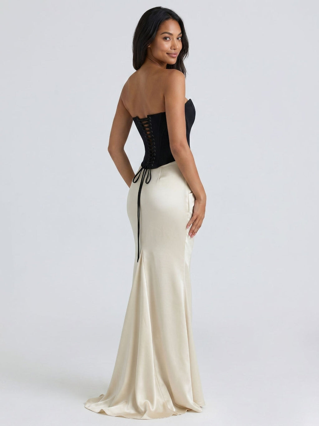 Black Satin Column V-Neck Corset Back Floor-Length Birthday Dress - Curvevia