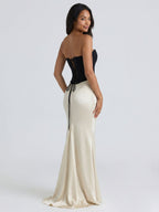 Black Satin Column V-Neck Corset Back Floor-Length Birthday Dress - Curvevia