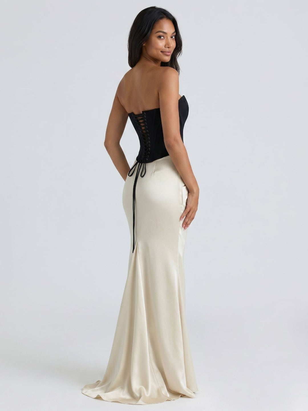 Black Satin Column V-Neck Corset Back Floor-Length Birthday Dress - Curvevia