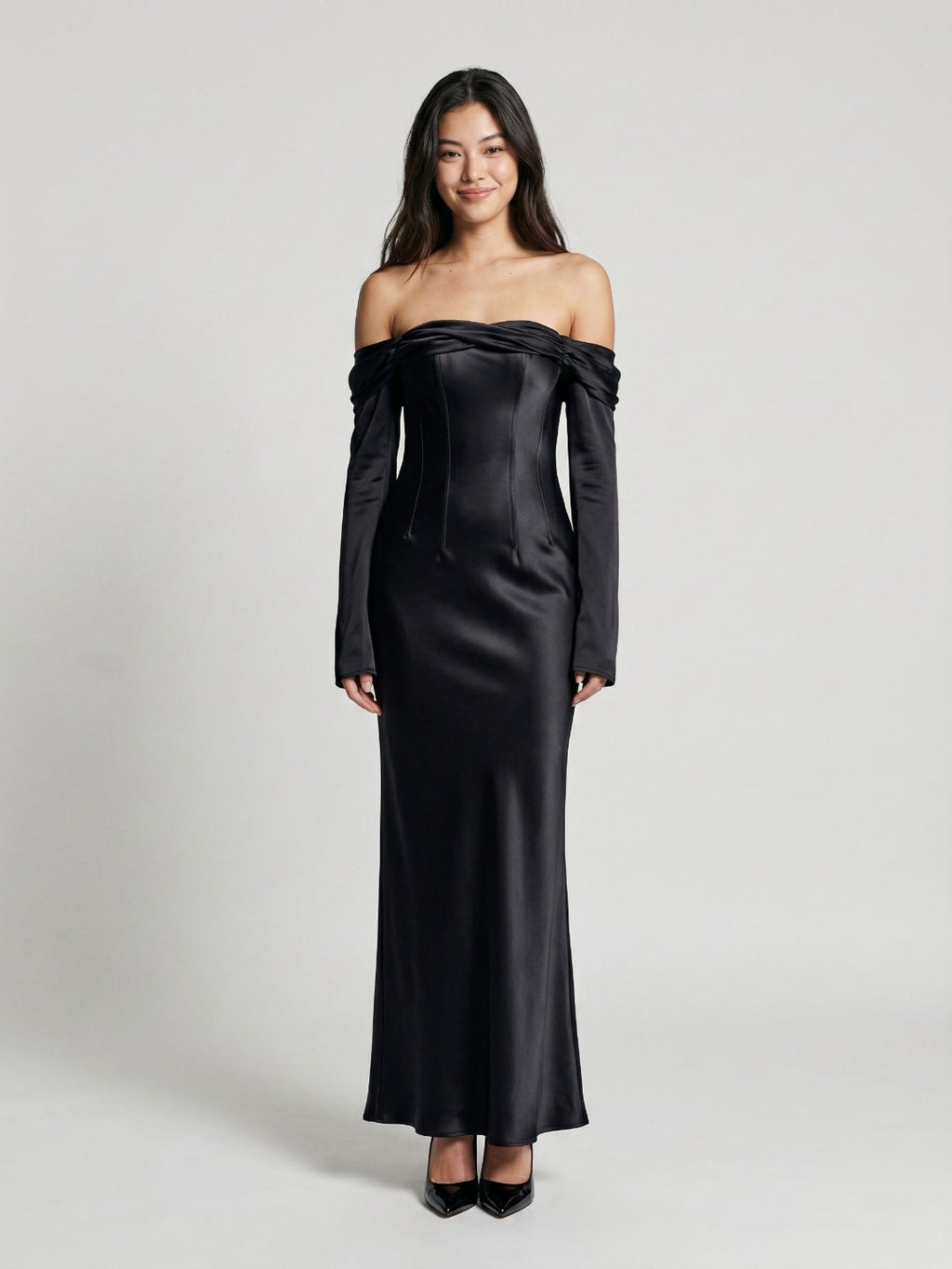Black Satin Sheath Cowl Neck Backless Floor-Length Formal Dress with Pleating - Curvevia