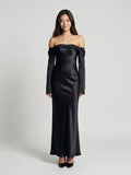 Black Satin Sheath Cowl Neck Backless Floor-Length Formal Dress with Pleating - Curvevia