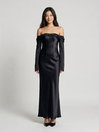 Black Satin Sheath Cowl Neck Backless Floor-Length Formal Dress with Pleating - Curvevia