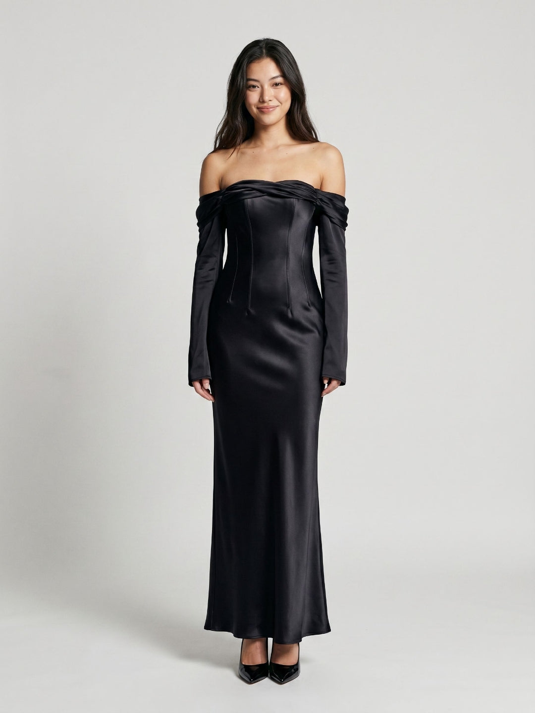 Black Satin Sheath Cowl Neck Backless Floor-Length Formal Dress with Pleating - Curvevia