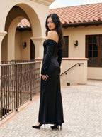 Black Satin Sheath Cowl Neck Backless Floor-Length Formal Dress with Pleating - Curvevia