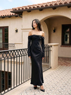 Black Satin Sheath Cowl Neck Backless Floor-Length Formal Dress with Pleating - Curvevia