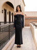 Black Satin Sheath Cowl Neck Backless Floor-Length Formal Dress with Pleating - Curvevia