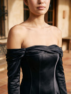 Black Satin Sheath Cowl Neck Backless Floor-Length Formal Dress with Pleating - Curvevia