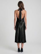 Black Satin Sheath Cowl Neck Bow Back Tea-Length Bridesmaid Dress with Bow - Curvevia
