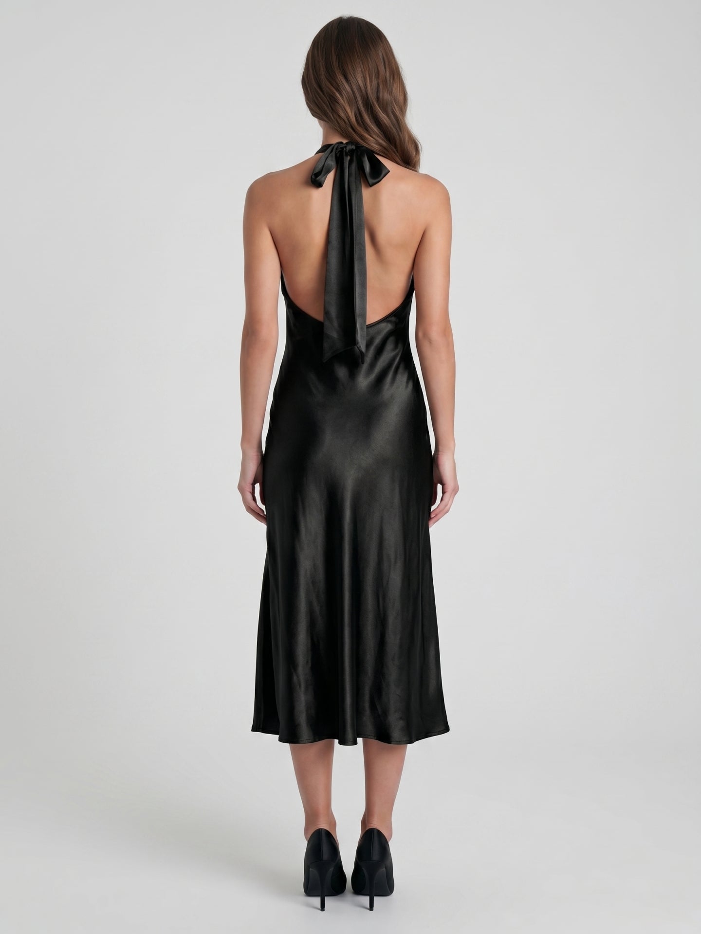 Black Satin Sheath Cowl Neck Bow Back Tea-Length Bridesmaid Dress with Bow - Curvevia