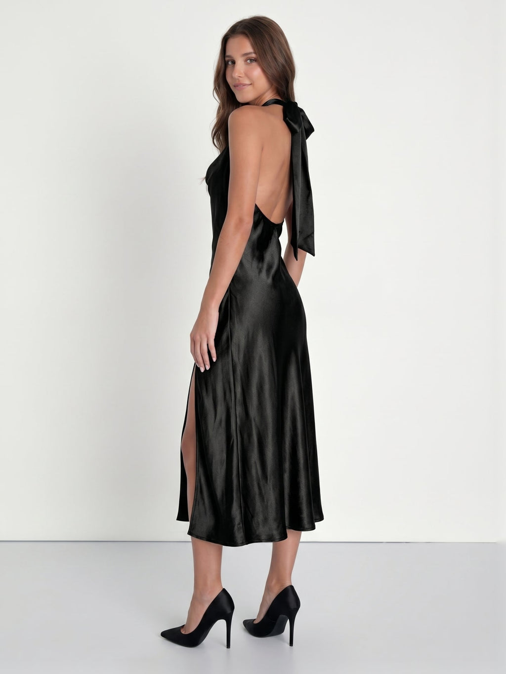 Black Satin Sheath Cowl Neck Bow Back Tea-Length Bridesmaid Dress with Bow - Curvevia