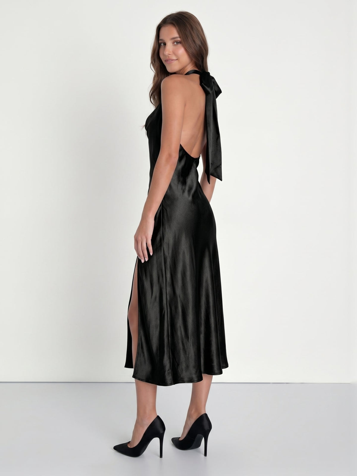 Black Satin Sheath Cowl Neck Bow Back Tea-Length Bridesmaid Dress with Bow - Curvevia