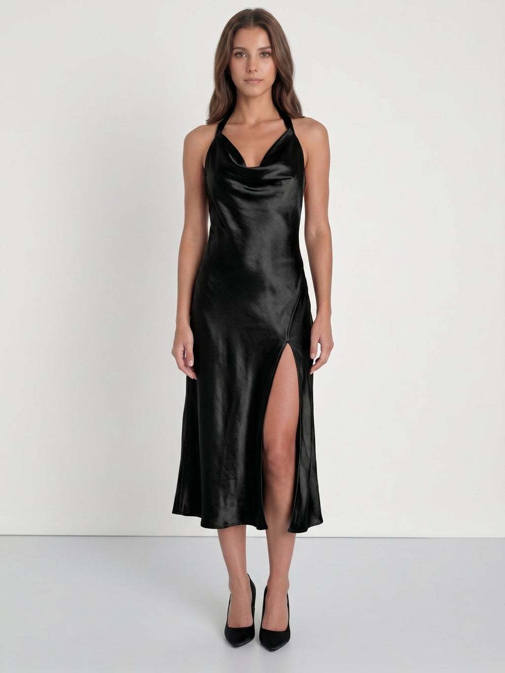 Black Satin Sheath Cowl Neck Bow Back Tea-Length Bridesmaid Dress with Bow - Curvevia